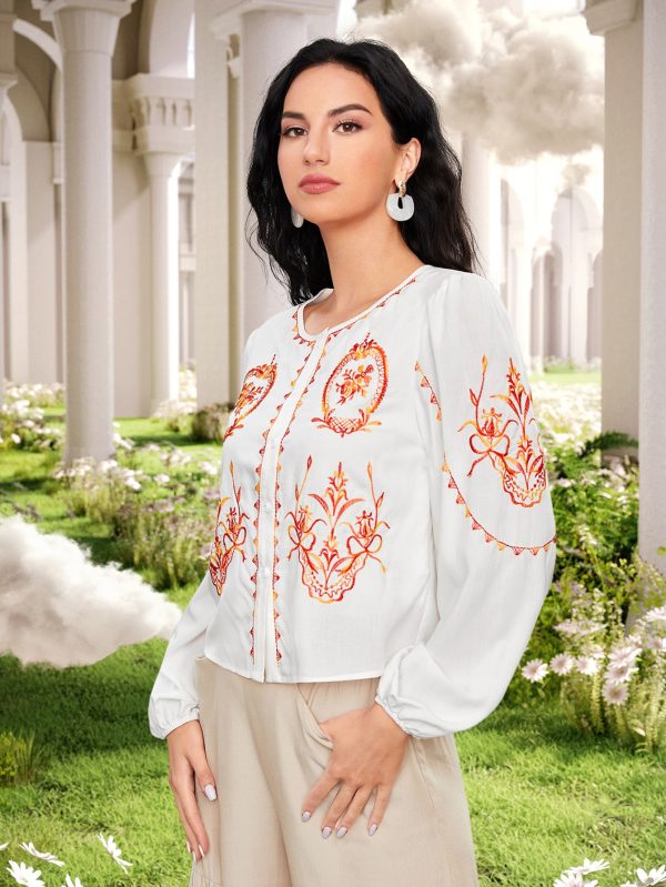 Women Spring Fall Crew Neck Elegant Floral Embroidery Blouses