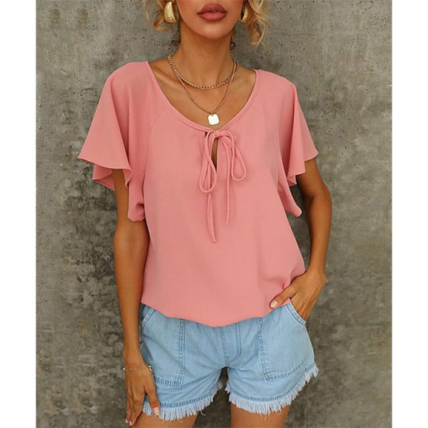 Summer Women Short Sleeve Solid Color V neck Shirt Top Women