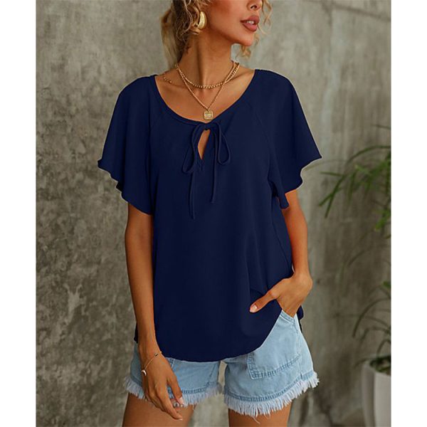 Summer Women Short Sleeve Solid Color V neck Shirt Top Women