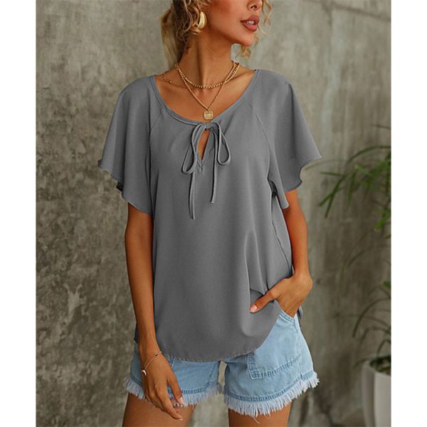 Summer Women Short Sleeve Solid Color V neck Shirt Top Women