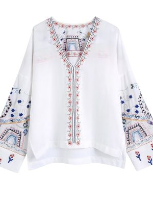 Autumn Women Clothing Long Sleeve V neck Embroidered Blouse Shirt