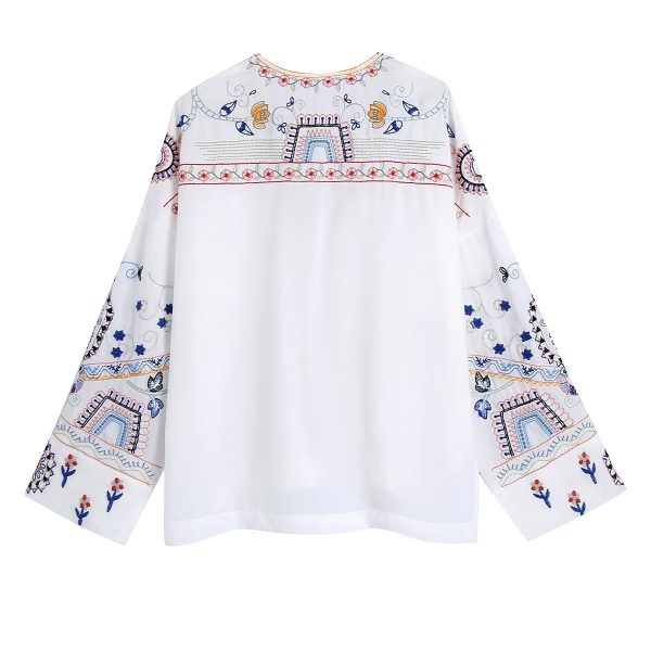 Autumn Women Clothing Long Sleeve V neck Embroidered Blouse Shirt