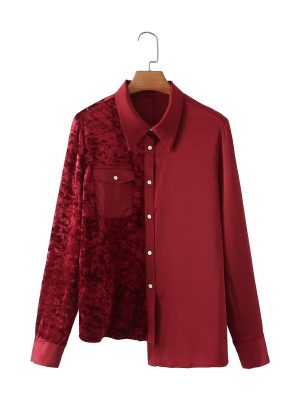 Autumn Women Long Sleeved Velvet Satin Stitching Shirt