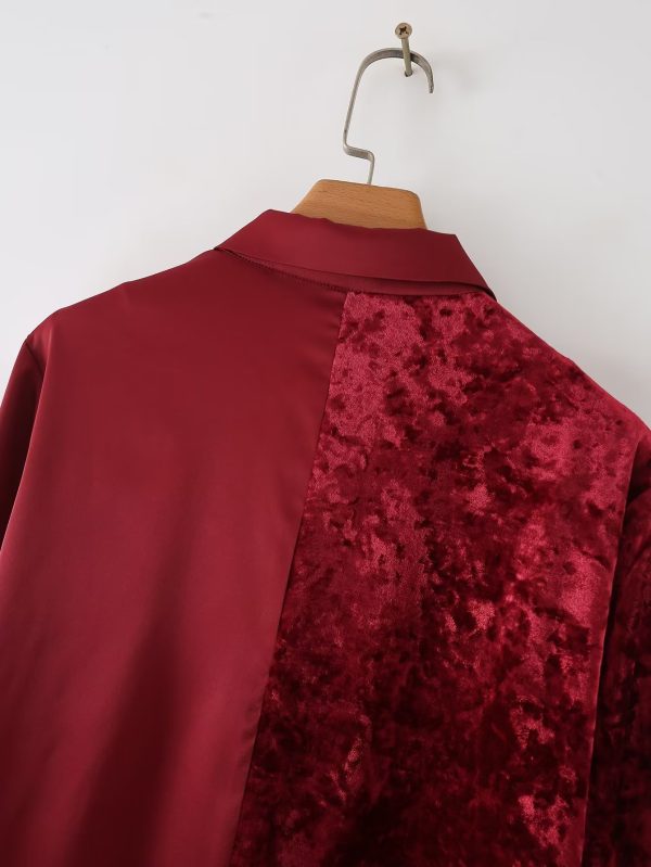 Autumn Women Long Sleeved Velvet Satin Stitching Shirt