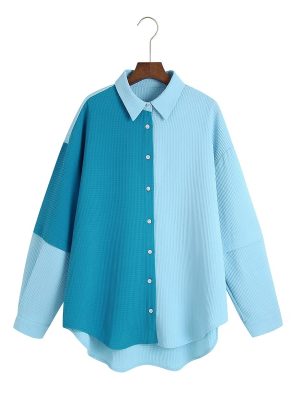 Autumn Women Long Sleeve Texture Fabric Color Matching Pocket Shirt