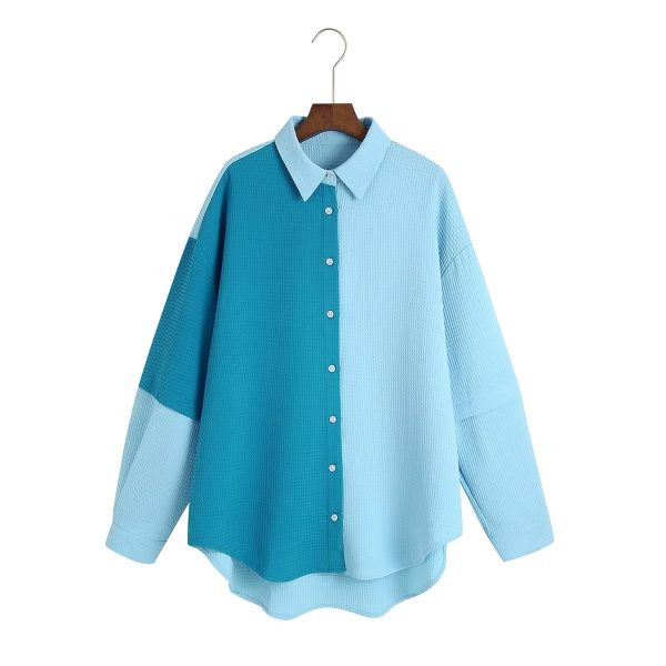 Autumn Women Long Sleeve Texture Fabric Color Matching Pocket Shirt