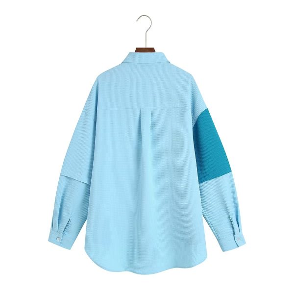 Autumn Women Long Sleeve Texture Fabric Color Matching Pocket Shirt