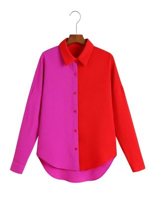 Spring Collared Simple Loose Color Block Rose Shirt Women Clothing