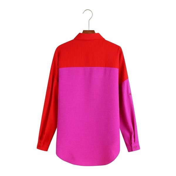 Spring Collared Simple Loose Color Block Rose Shirt Women Clothing