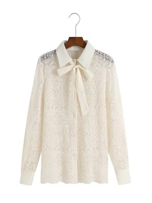 Spring Autumn French Lace Pearl Bow Shirt Pullover Regular V neck Lace up Top for Women