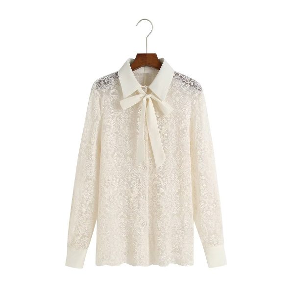 Spring Autumn French Lace Pearl Bow Shirt Pullover Regular V neck Lace up Top for Women