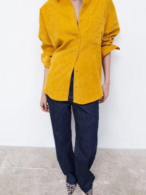 Yellow Shirt Korean Women Clothing Autumn Casual Loose Long Sleeve Corduroy