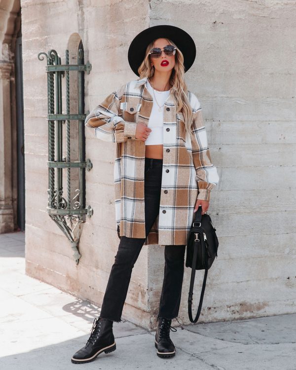 Winter Women  Collared Long Plaid Top Office Loose Woolen