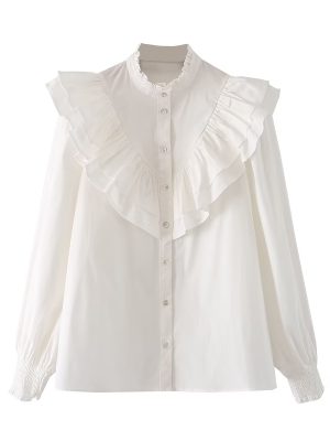 Autumn Women White Long Sleeve Laminated Decoration Poplin Shirt