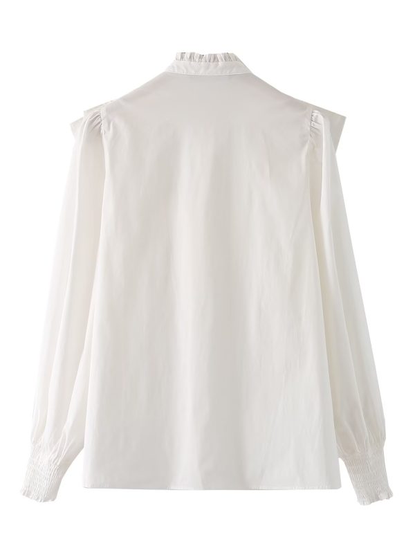 Autumn Women White Long Sleeve Laminated Decoration Poplin Shirt