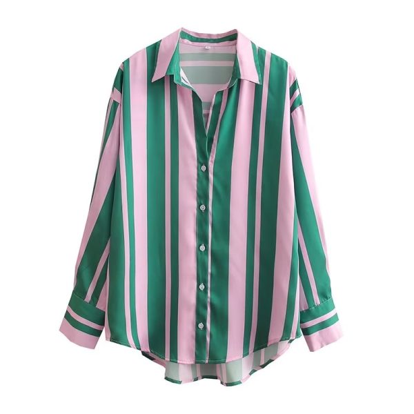 Autumn Elegant Collared Long Sleeve Striped Single Breasted Shirt for Women