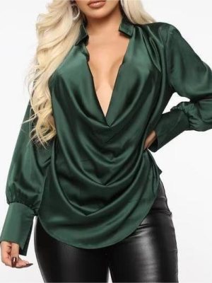 Autumn Satin Swing Collar Loose Fitting Solid Color Long Sleeves Pullover Shirt Women