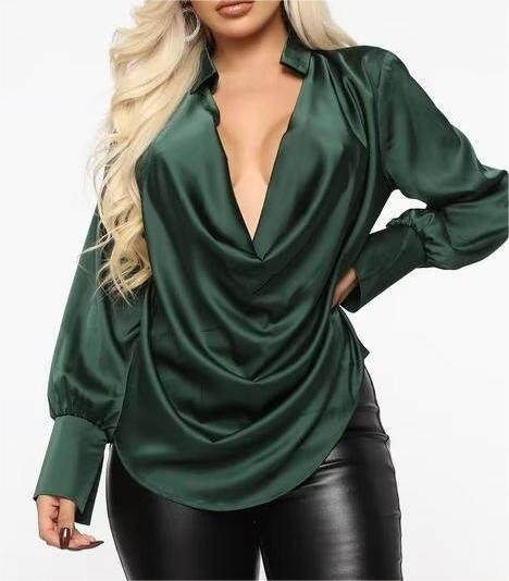 Autumn Satin Swing Collar Loose Fitting Solid Color Long Sleeves Pullover Shirt Women