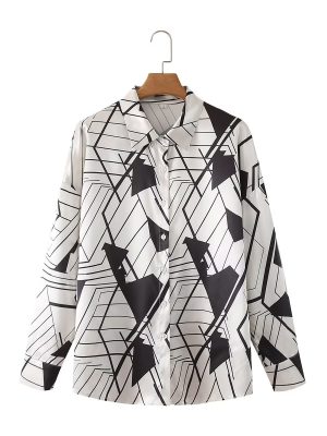 Simple Autumn Women Chic Contrast Color Geometric Abstract Pattern Mid Length Collared Long Sleeve Shirt