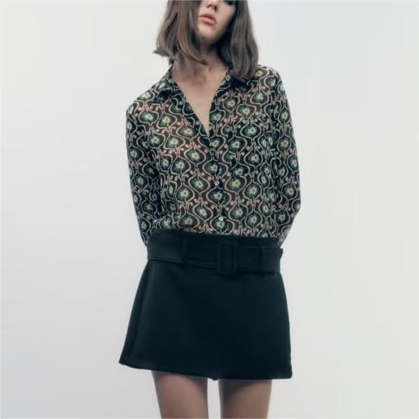 Fall Women Clothing Collared Long Sleeve Pleated Waist Printed Shirt