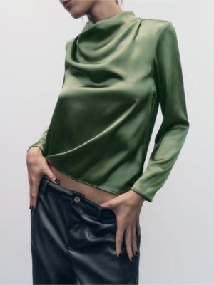 Winter Elegant Draped Collar Long Sleeve Silk Satin Texture Shirt for Women