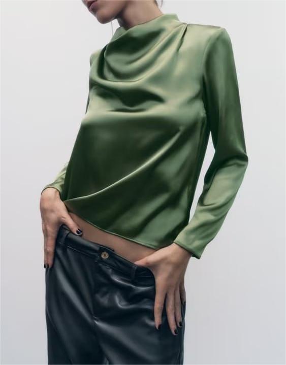 Winter Elegant Draped Collar Long Sleeve Silk Satin Texture Shirt for Women