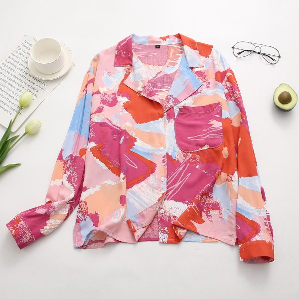 Summer Women Clothing Retro Rayon  Collar Printing Loose Shirt