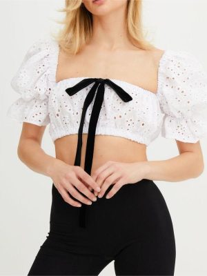 Sexy Crop Lace Lace Jacket Women Summer Bubble Sleeve Square Neck Backless Sweet Pure Desire Shirt