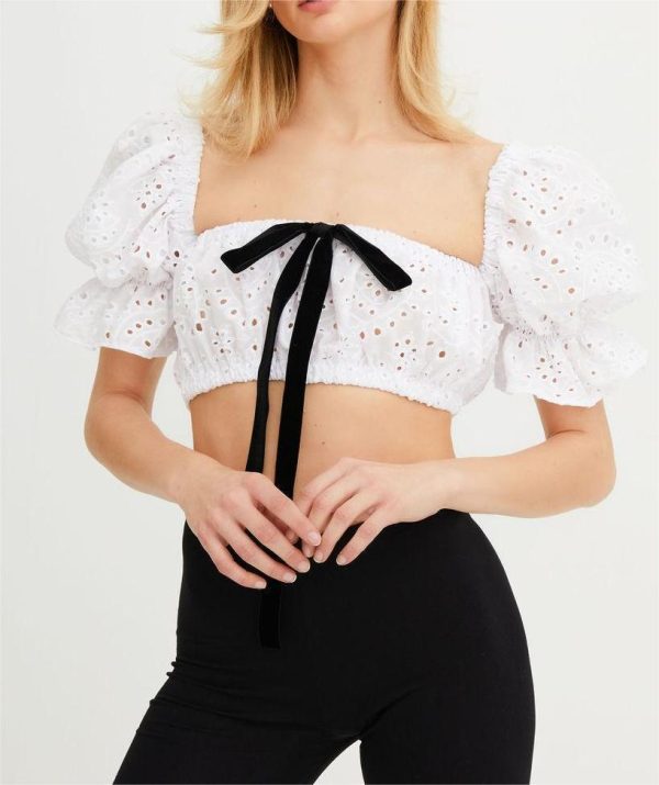 Sexy Crop Lace Lace Jacket Women Summer Bubble Sleeve Square Neck Backless Sweet Pure Desire Shirt