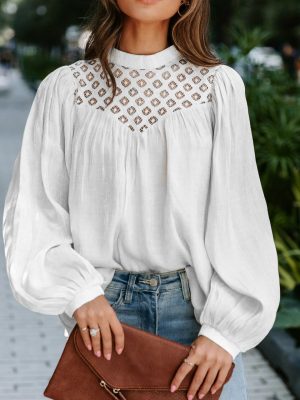 Women Clothing Long Sleeve Shirt Lace Hollow Out Cutout Stitching Pullover Top Shirt