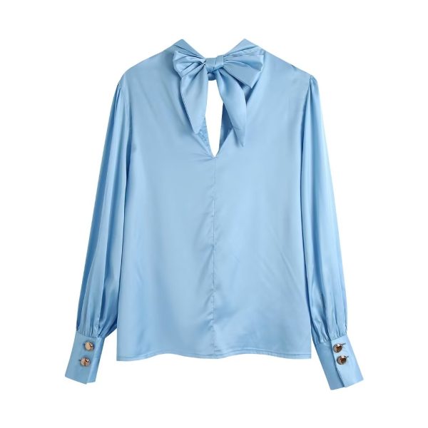 Spring Summer Women Clothing French Design Blue Bow Shirt Top