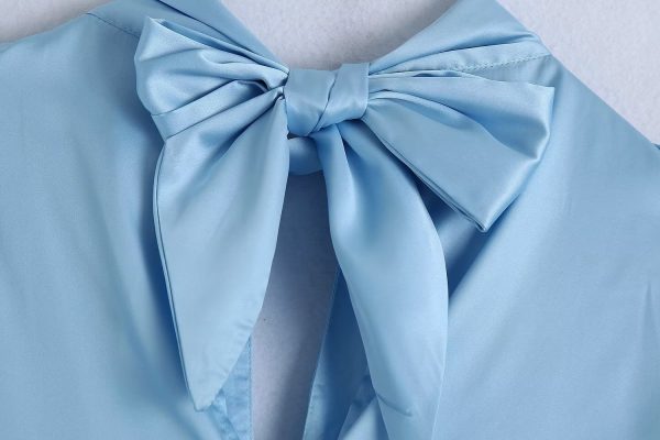 Spring Summer Women Clothing French Design Blue Bow Shirt Top