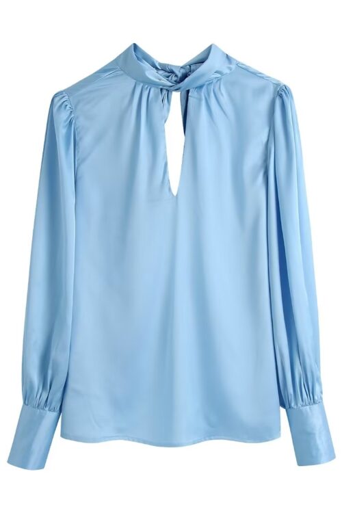 Spring Summer Women Clothing French Design Blue Bow Shirt Top