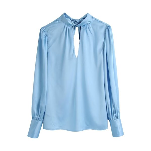 Spring Summer Women Clothing French Design Blue Bow Shirt Top