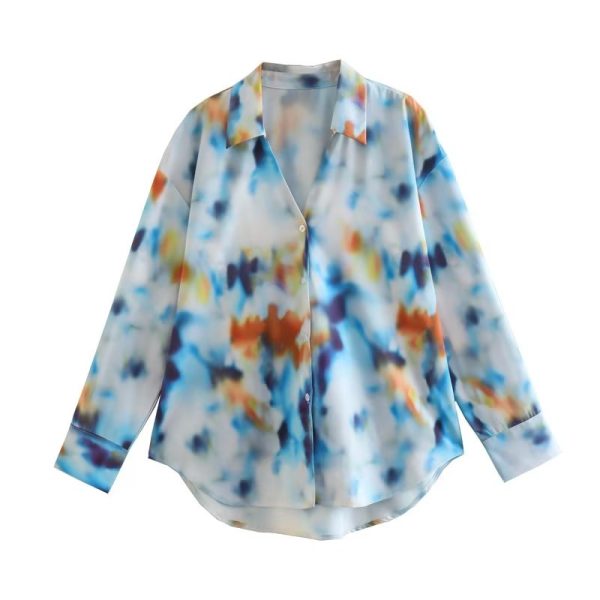 Fall Women Clothing Collared Long Sleeve Tie Dye Printed Loose Single Breasted Shirt Top