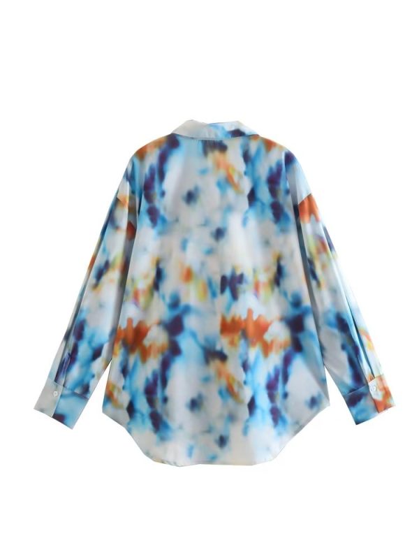 Fall Women Clothing Collared Long Sleeve Tie Dye Printed Loose Single Breasted Shirt Top