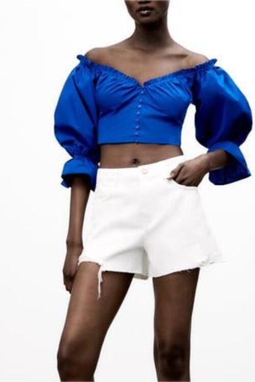 Women Blue Poplin Short Long Sleeve Shirt
