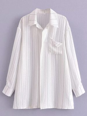 Loose Lazy Missing Mid Length White Striped Shirt Long Sleeve Top Women