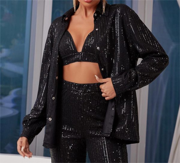 Autumn Winter WomenClothing Gorgeous Slim Shirt Casual Sequin Long Sleeve Turn down Collar Coat