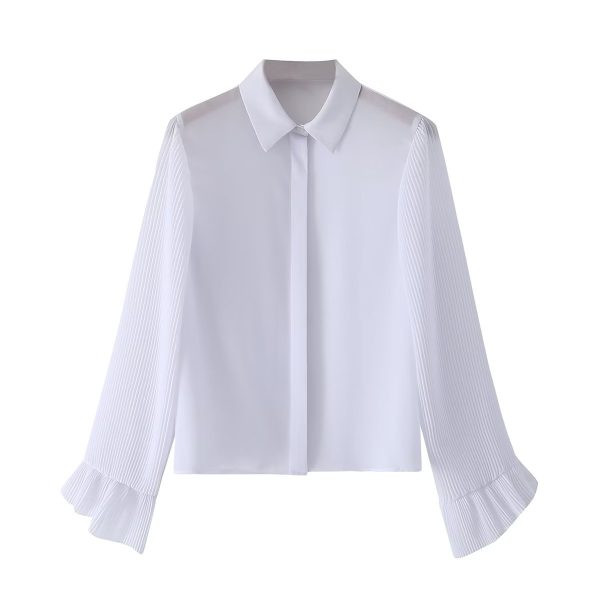 Small Pleated Sleeve Shirt Korean Women Clothing Spring Autumn Retro Lapels Vertical