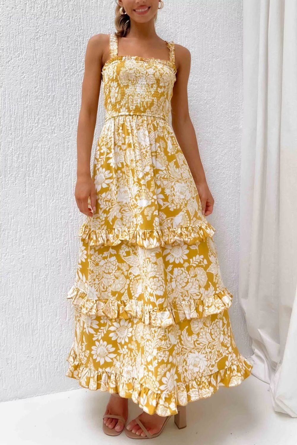 Winter Square Collar Sleeveless Yellow Floral Ruffle Sleeveless Dress Women