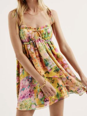 Early Spring Color Matching Floral Tie Neck Strap Dress Wooden Ear Dress