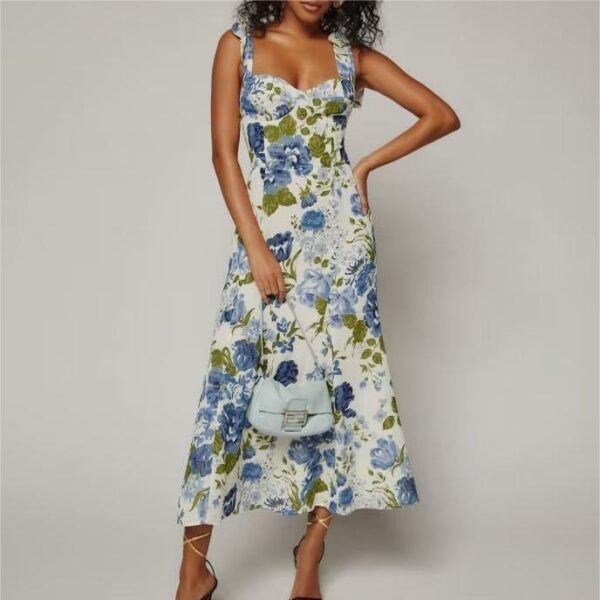 Spring Summer Women Clothing Maxi Dress High Waist Strap Type Drawstring Printed Dress