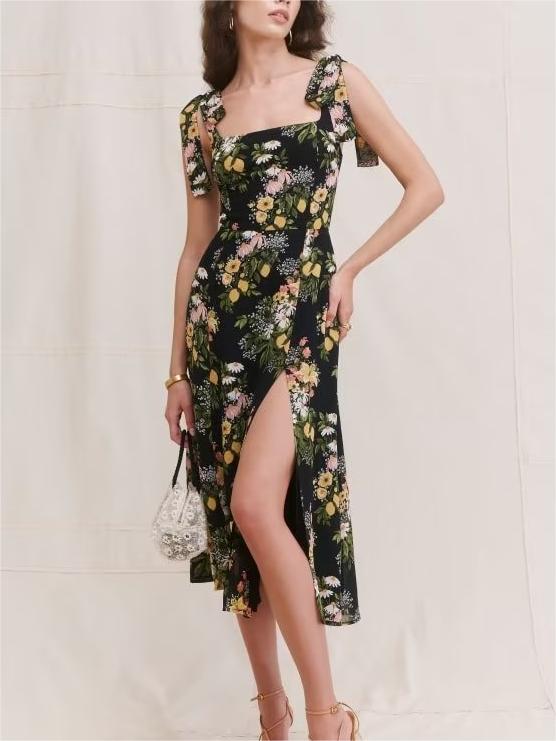 Summer Wind Women Small Floral Print Side Slit Strap Dress