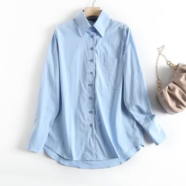 Early Spring Girl Pink Long Sleeve Washed Cotton All Match Office Pocket Loose Shirt Women Shirt Top