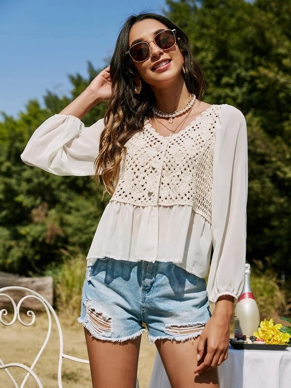 Women Spring Fall Elegant Regular Long Sleeve Patchwork Short Blouses