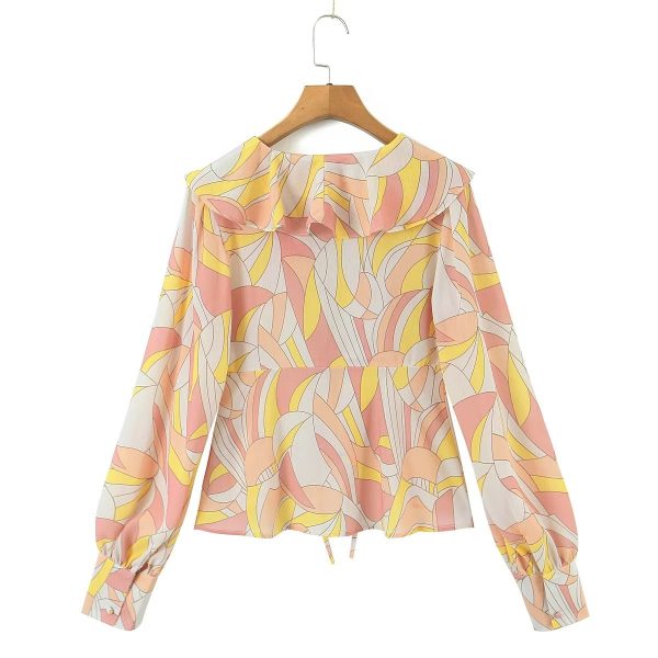 Autumn Winter Printed Lantern Sleeve Collared Cardigan Single Breasted Casual Shirt Women Top