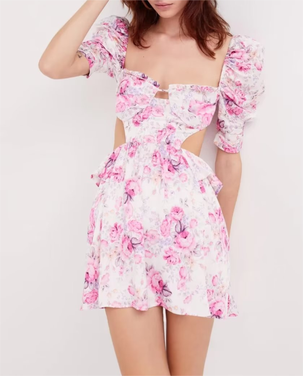Early Spring Peony Printed Waist Hollow Out Cutout Puff Sleeve Princess Dress