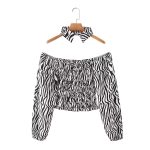 Spring Autumn Zebra Pattern Short Strapless Detachable Collar Puff Sleeve Shirt Top Women
