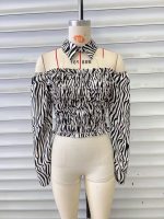 Spring Autumn Zebra Pattern Short Strapless Detachable Collar Puff Sleeve Shirt Top Women